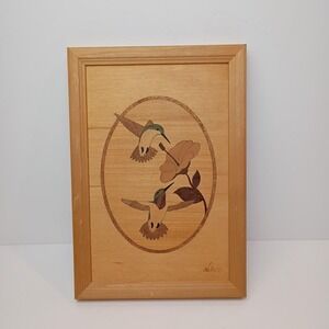 Hudson River Inlay Wood HummingBirds Flower Handcraft Art Picture 9 3/4" x6 3/4"